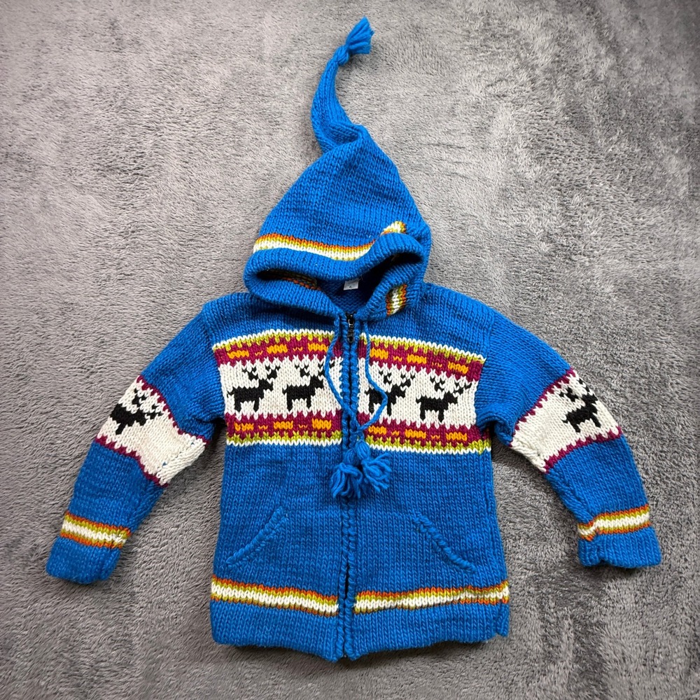West of the Moon Jacket Kids 6 Blue Excellent Wool Animal Print Ecuador Knit
